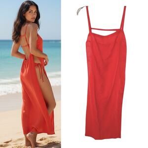 Anthropologie Celandine Linen Blend Maxi Dress Cover Up Red XS Cutout Ring NWT